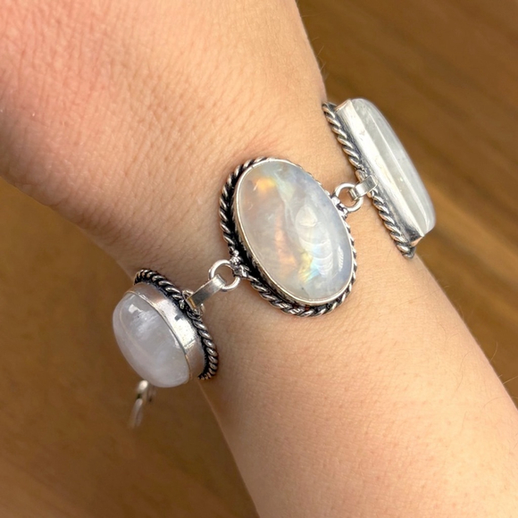 Rainbow Moonstone Extra Chunky Gemstone Bracelet New Sterling Silver 925 Overlay - Picture 5 of 7